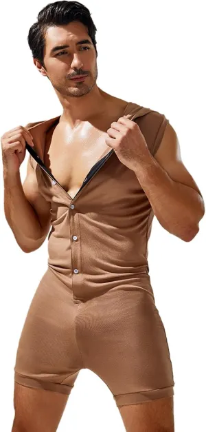 2025 Male Spring Fitess Tight Jumpsuit Wear Vest Soild Color Button Hooded Jumpsuit