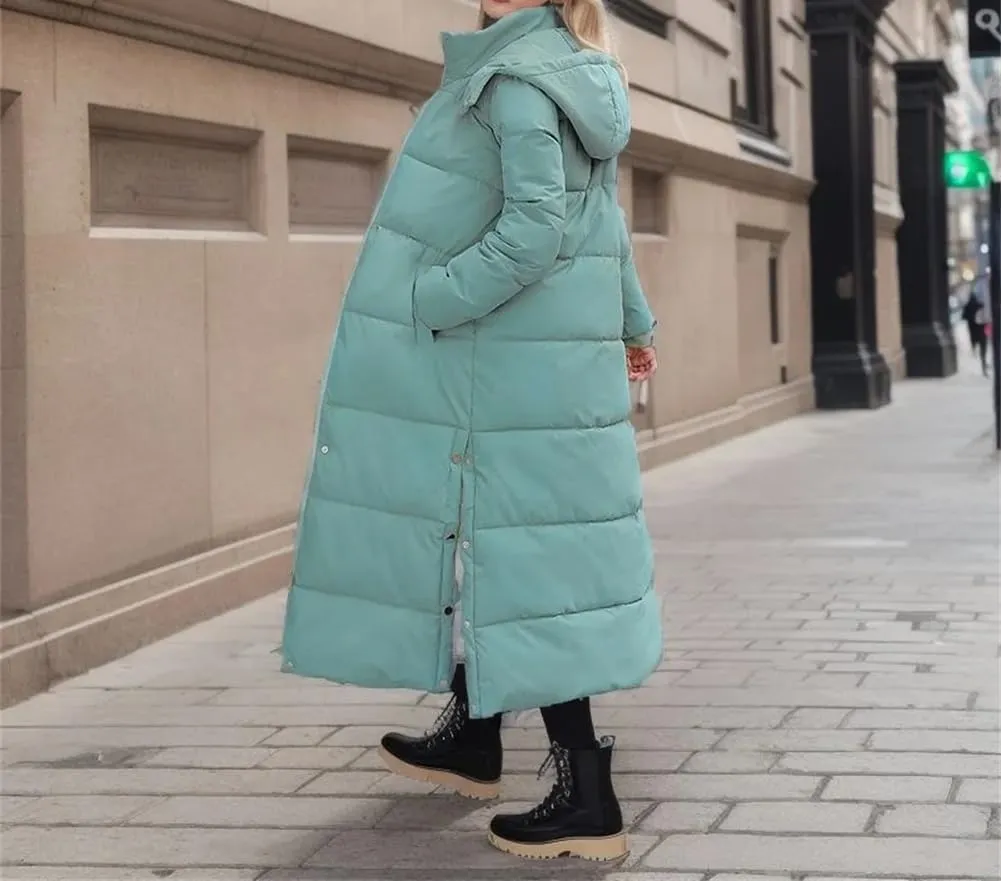 Adhdyuud Women Winter Over-The-Knee Long Padded Puffer Jacket Slim Fit Cotton Hood Thickened Warm Down Coat