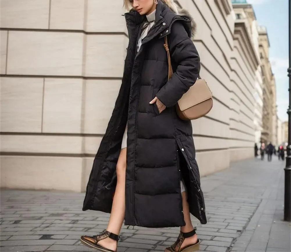 Adhdyuud Women Winter Over-The-Knee Long Padded Puffer Jacket Slim Fit Cotton Hood Thickened Warm Down Coat