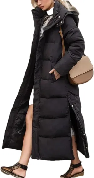 Adhdyuud Women Winter Over-The-Knee Long Padded Puffer Jacket Slim Fit Cotton Hood Thickened Warm Down Coat