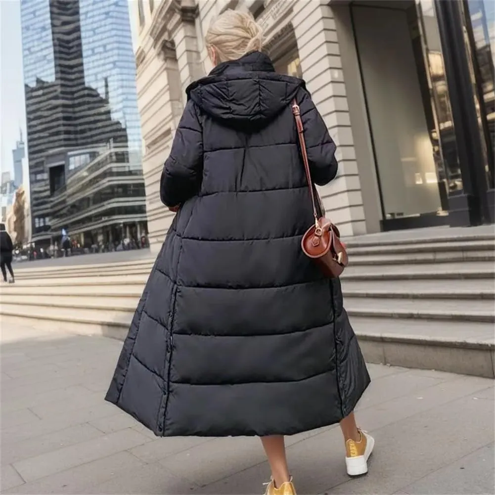 Adhdyuud Women Winter Over-The-Knee Long Padded Puffer Jacket Slim Fit Cotton Hood Thickened Warm Down Coat