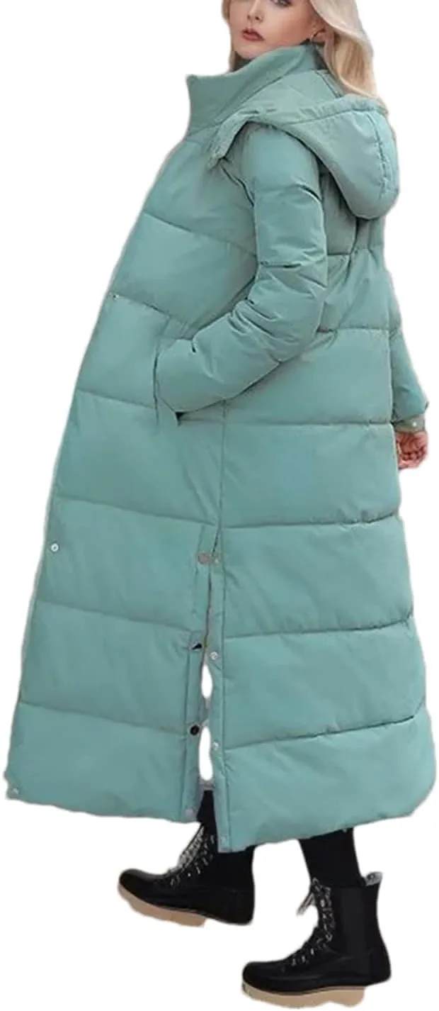 Adhdyuud Women Winter Over-The-Knee Long Padded Puffer Jacket Slim Fit Cotton Hood Thickened Warm Down Coat