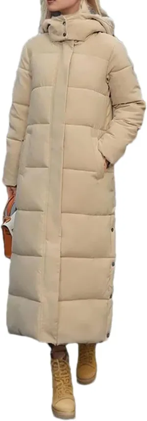 Adhdyuud Women Winter Over-The-Knee Long Padded Puffer Jacket Slim Fit Cotton Hood Thickened Warm Down Coat