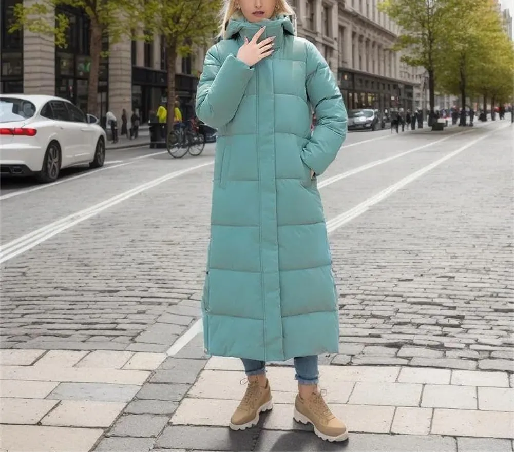 Adhdyuud Women Winter Over-The-Knee Long Padded Puffer Jacket Slim Fit Cotton Hood Thickened Warm Down Coat