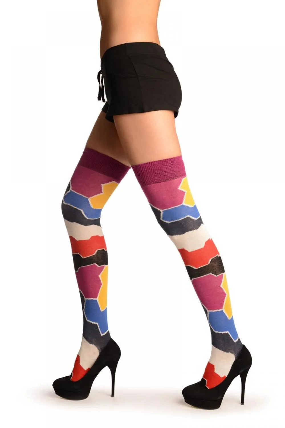 Colourful Puzzle Stripes Over The Knee Socks