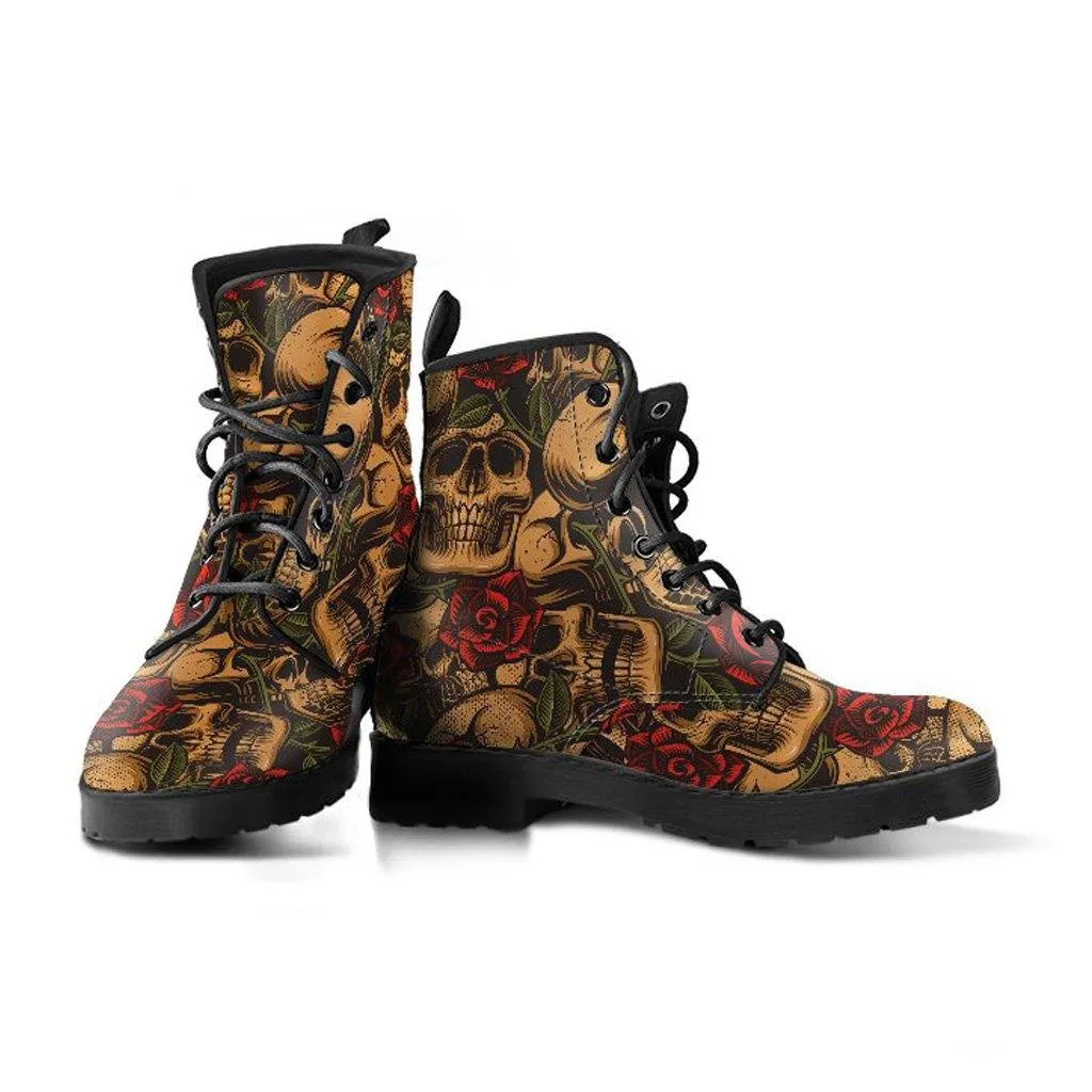 Earthy Roses and Skulls  Memory Foam Boots | All Season Lace Up Boots | Vegan Leather Combat Boot by Manifestie
