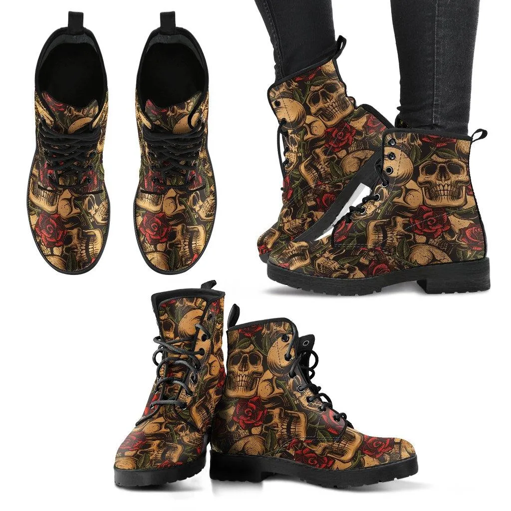 Earthy Roses and Skulls  Memory Foam Boots | All Season Lace Up Boots | Vegan Leather Combat Boot by Manifestie