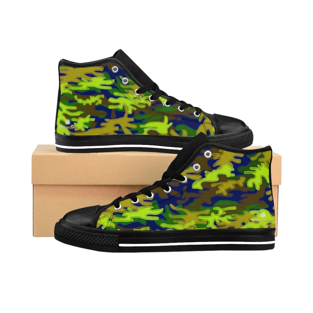Green Camo Men's Sneakers, Navy Blue Camouflage Army Military High-top Sneakers Tennis Shoes