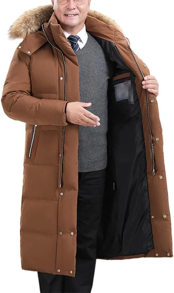 Haitpant Exte-Long Over-The-Knee Men's Down Jacket With Fur Hooded White Duck Down Jacket Winter Thick Warm Fleece Coat
