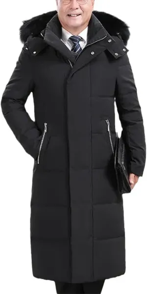 Haitpant Exte-Long Over-The-Knee Men's Down Jacket With Fur Hooded White Duck Down Jacket Winter Thick Warm Fleece Coat