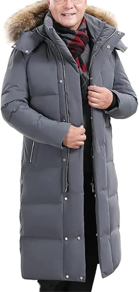Haitpant Exte-Long Over-The-Knee Men's Down Jacket With Fur Hooded White Duck Down Jacket Winter Thick Warm Fleece Coat