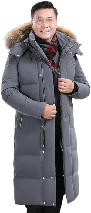 Haitpant Exte-Long Over-The-Knee Men's Down Jacket With Fur Hooded White Duck Down Jacket Winter Thick Warm Fleece Coat