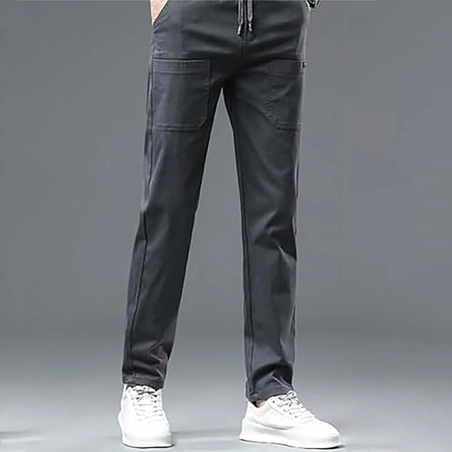 High Stretch Cargo Pants for Men Multi-Pocket Silm Fit Trousers Drawstring Straight Leg Durable Pants