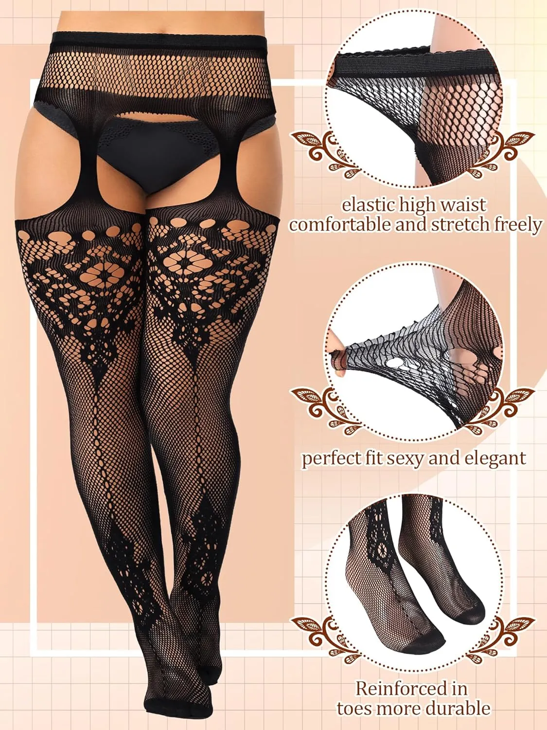 Jadive 6 Pairs Women Plus Size Fishnet Thigh High Stockings Suspender Garter Belt Lingerie Pantyhose Tights Fits XL-XXXXL