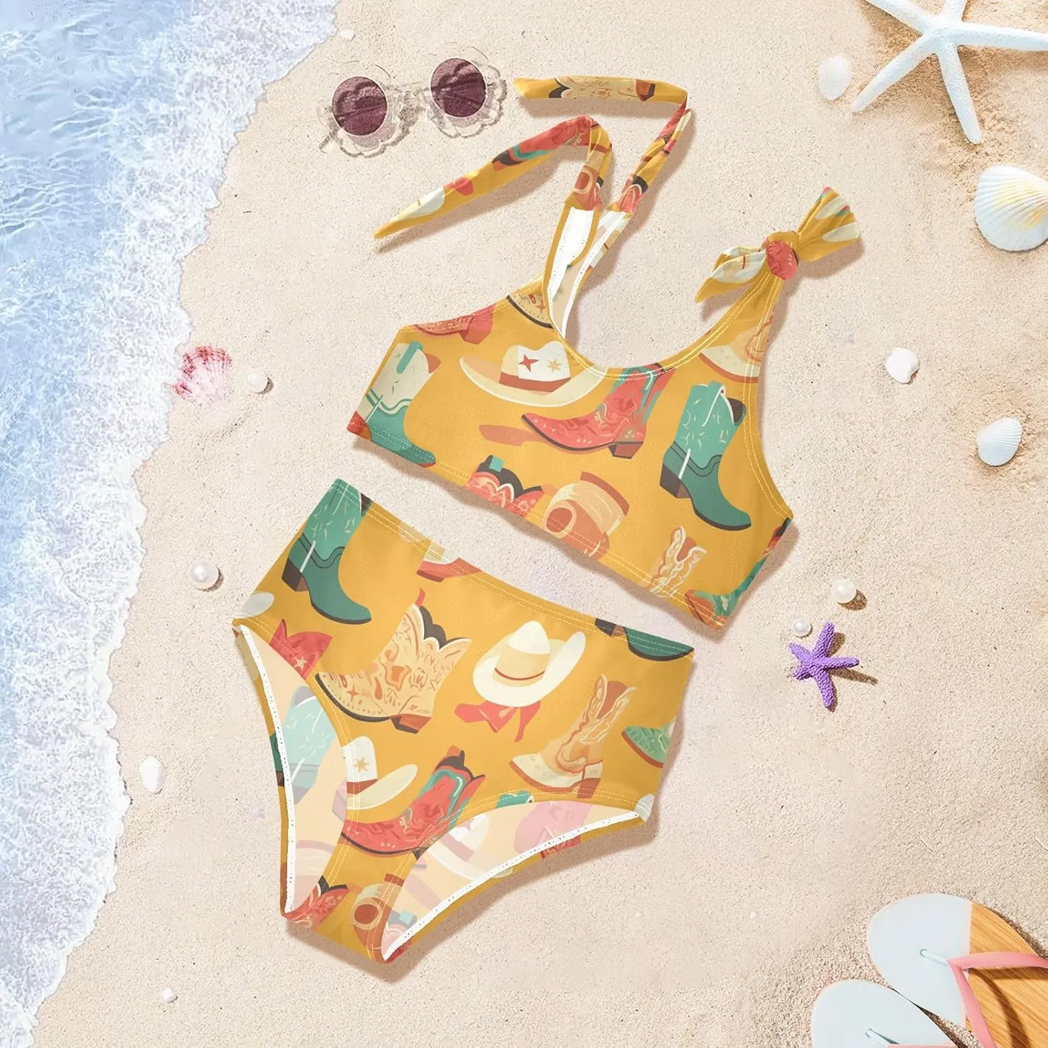 KLL Seamless Cowboy Western Boots Hat Girl Two Piecing Bikini Sets Beach Swimsuit Swimwear Adjustable Strap