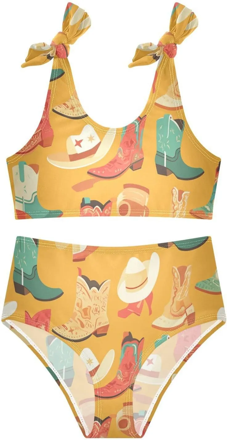 KLL Seamless Cowboy Western Boots Hat Girl Two Piecing Bikini Sets Beach Swimsuit Swimwear Adjustable Strap