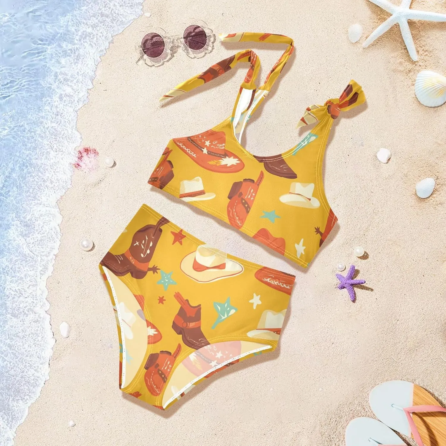 KLL Seamless Cowboy Western Boots Hat Girls' Two Piecing Bikini Sets Beach Swimsuit Swimming Suits Adjustable Shoulder Strap