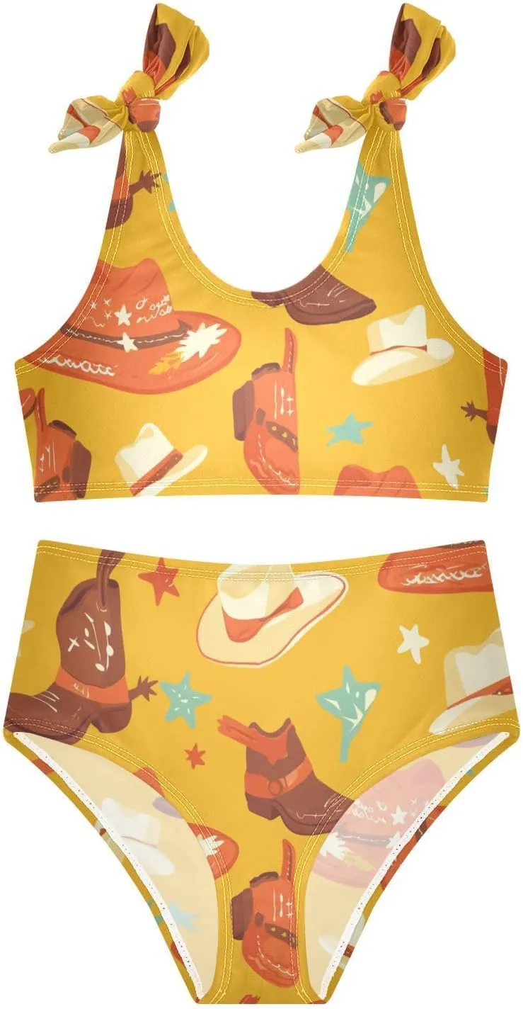 KLL Seamless Cowboy Western Boots Hat Girls' Two Piecing Bikini Sets Beach Swimsuit Swimming Suits Adjustable Shoulder Strap