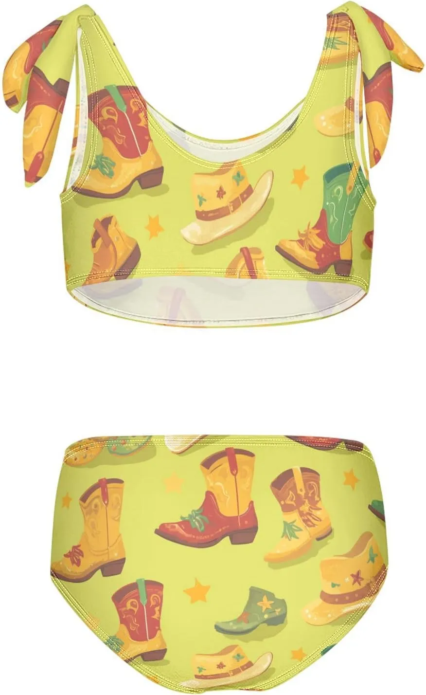 KLL Western Boots Design Boho Scotland Girls' 2 Piecing Bikini Set Quick-Dry Swimsuits Swimwear Cute Shoulder Strap