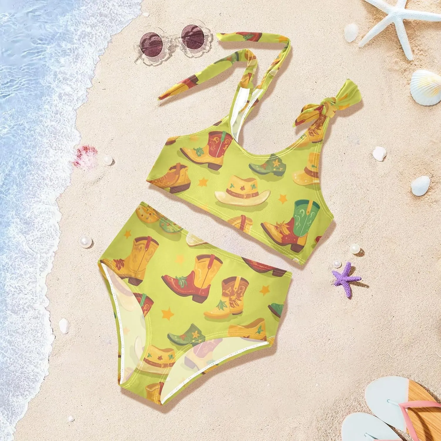 KLL Western Boots Design Boho Scotland Girls' 2 Piecing Bikini Set Quick-Dry Swimsuits Swimwear Cute Shoulder Strap