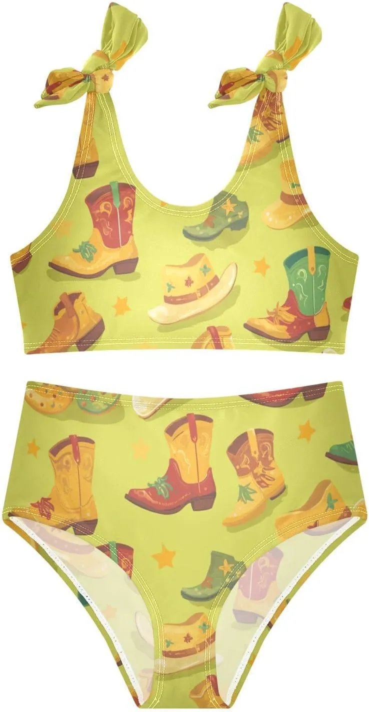 KLL Western Boots Design Boho Scotland Girls' 2 Piecing Bikini Set Quick-Dry Swimsuits Swimwear Cute Shoulder Strap