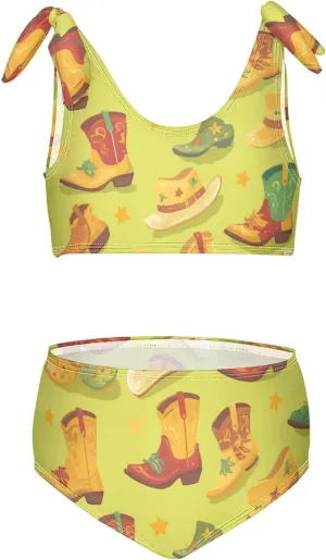 KLL Western Boots Design Boho Scotland Girls' 2 Piecing Bikini Set Quick-Dry Swimsuits Swimwear Cute Shoulder Strap