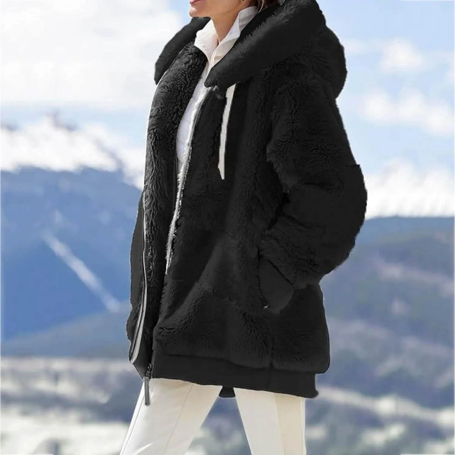 LCMTWX Womens Winter Fuzzy Fleece Jacket Color Artificial Wool Zipper Drawstring Long-Sleeved Hoodie Sweater Coats for De
