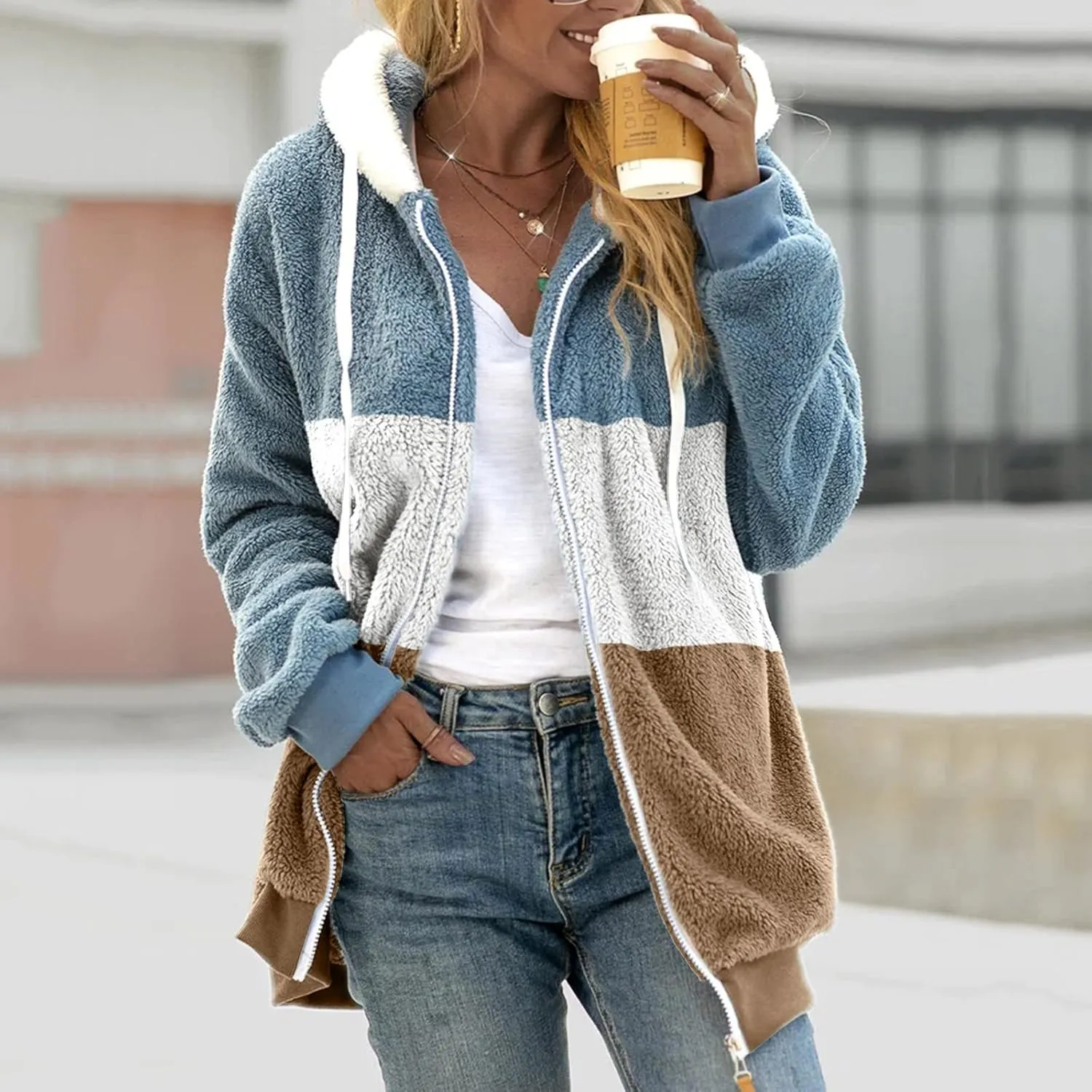LCMTWX Womens Winter Fuzzy Fleece Jacket Color Artificial Wool Zipper Drawstring Long-Sleeved Hoodie Sweater Coats for De