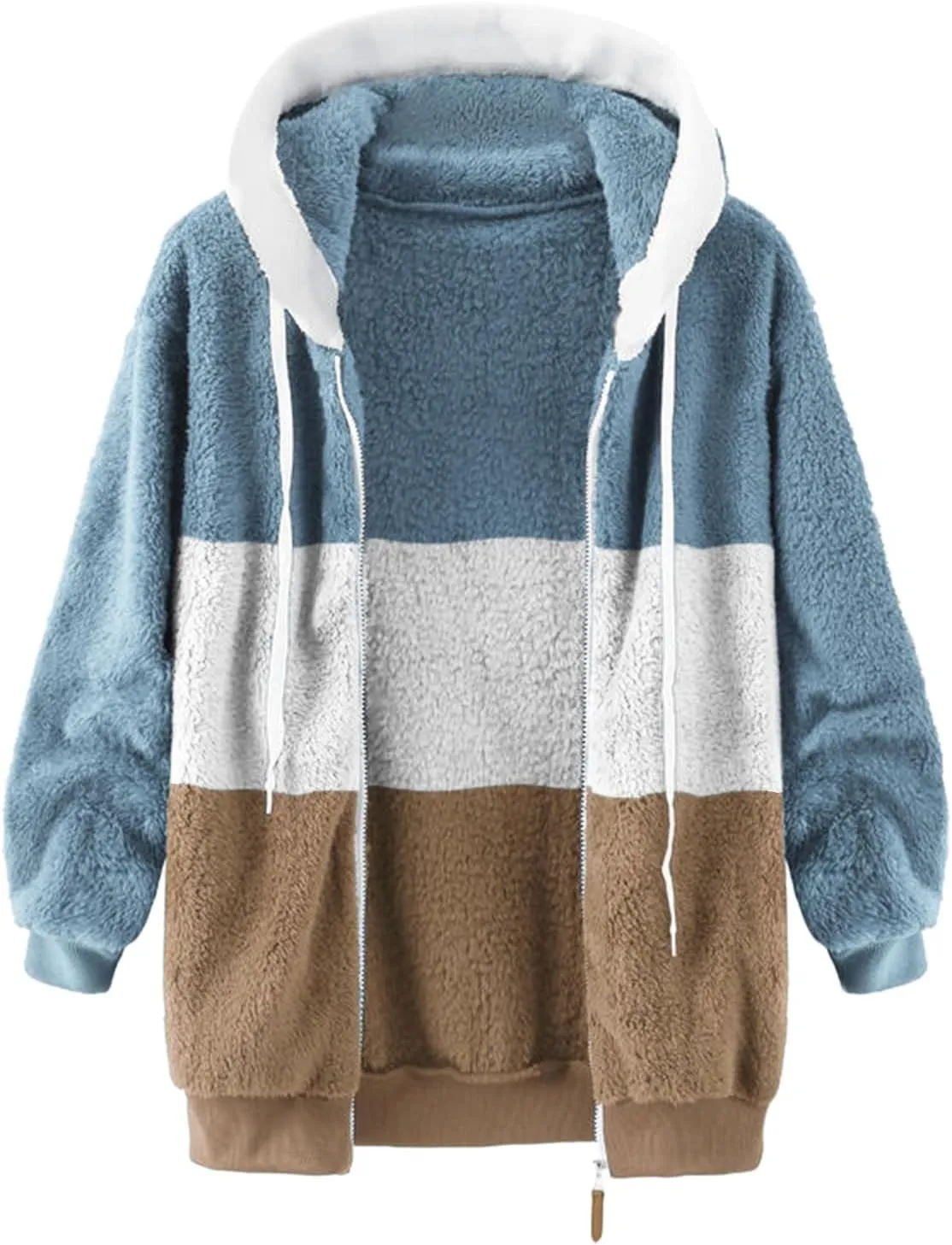 LCMTWX Womens Winter Fuzzy Fleece Jacket Color Artificial Wool Zipper Drawstring Long-Sleeved Hoodie Sweater Coats for De