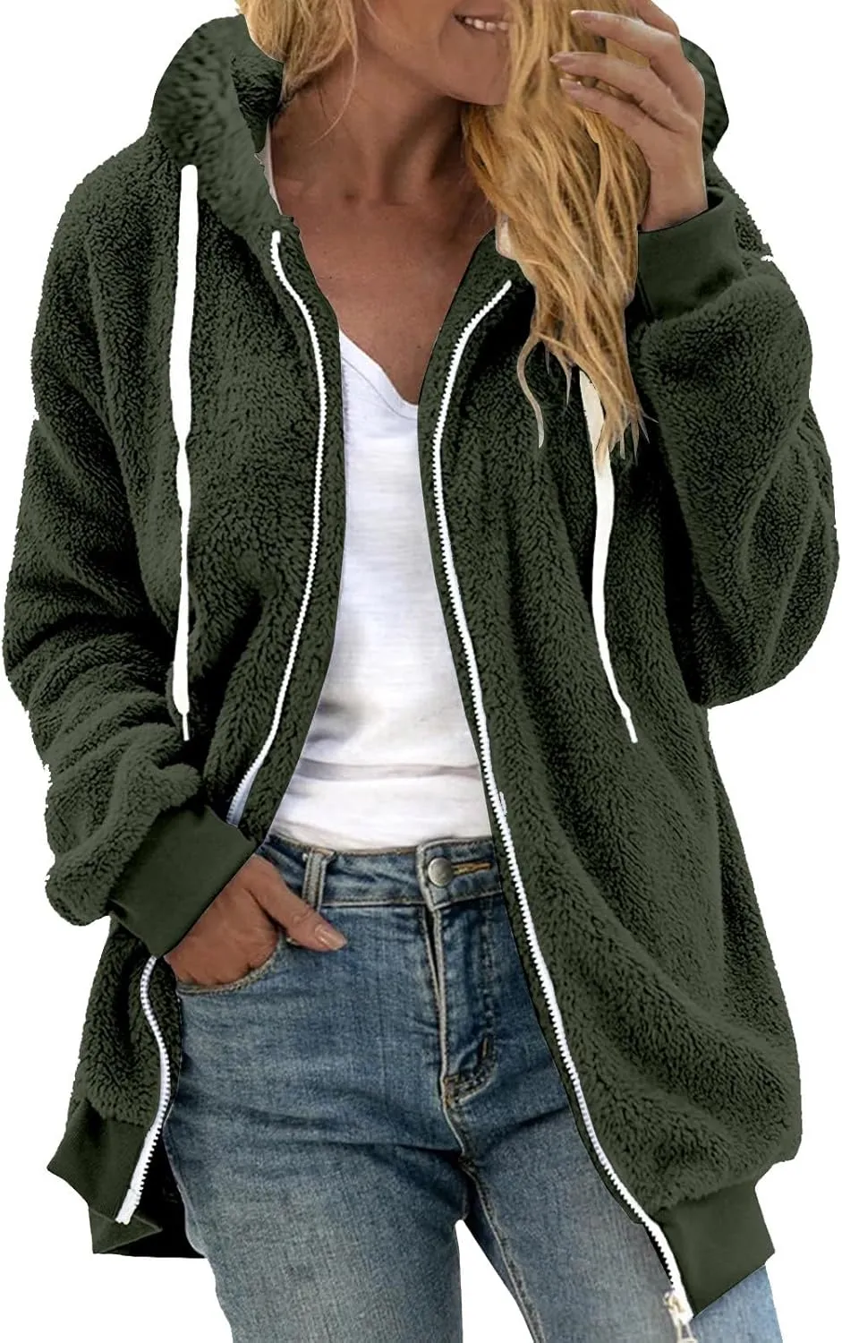LCMTWX Womens Winter Fuzzy Fleece Jacket Color Artificial Wool Zipper Drawstring Long-Sleeved Hoodie Sweater Coats for De