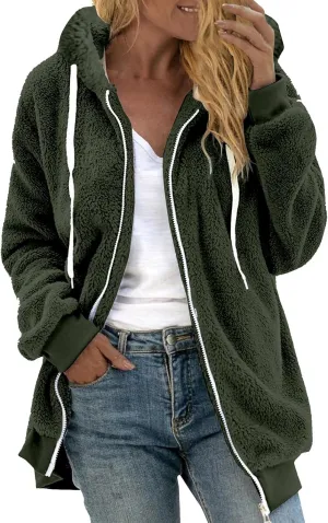 LCMTWX Womens Winter Fuzzy Fleece Jacket Color Artificial Wool Zipper Drawstring Long-Sleeved Hoodie Sweater Coats for De