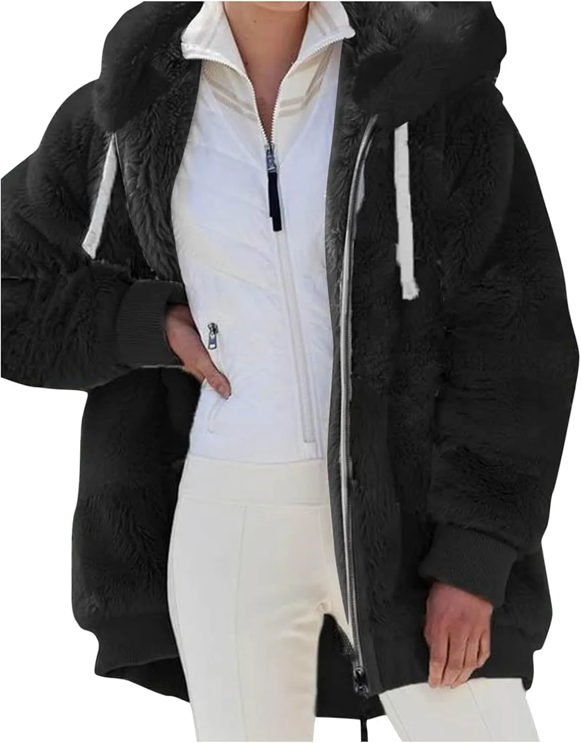 LCMTWX Womens Winter Fuzzy Fleece Jacket Color Artificial Wool Zipper Drawstring Long-Sleeved Hoodie Sweater Coats for De