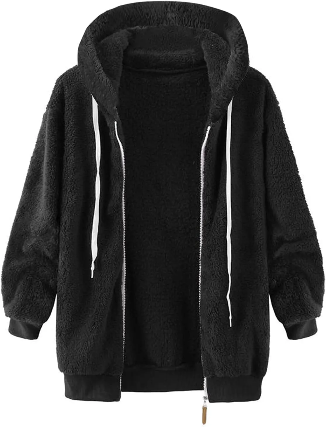 LCMTWX Womens Winter Fuzzy Fleece Jacket Color Artificial Wool Zipper Drawstring Long-Sleeved Hoodie Sweater Coats for De