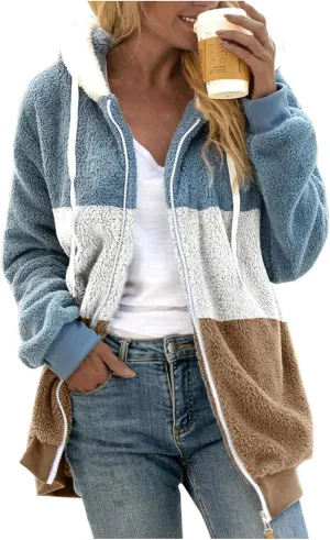 LCMTWX Womens Winter Fuzzy Fleece Jacket Color Artificial Wool Zipper Drawstring Long-Sleeved Hoodie Sweater Coats for De