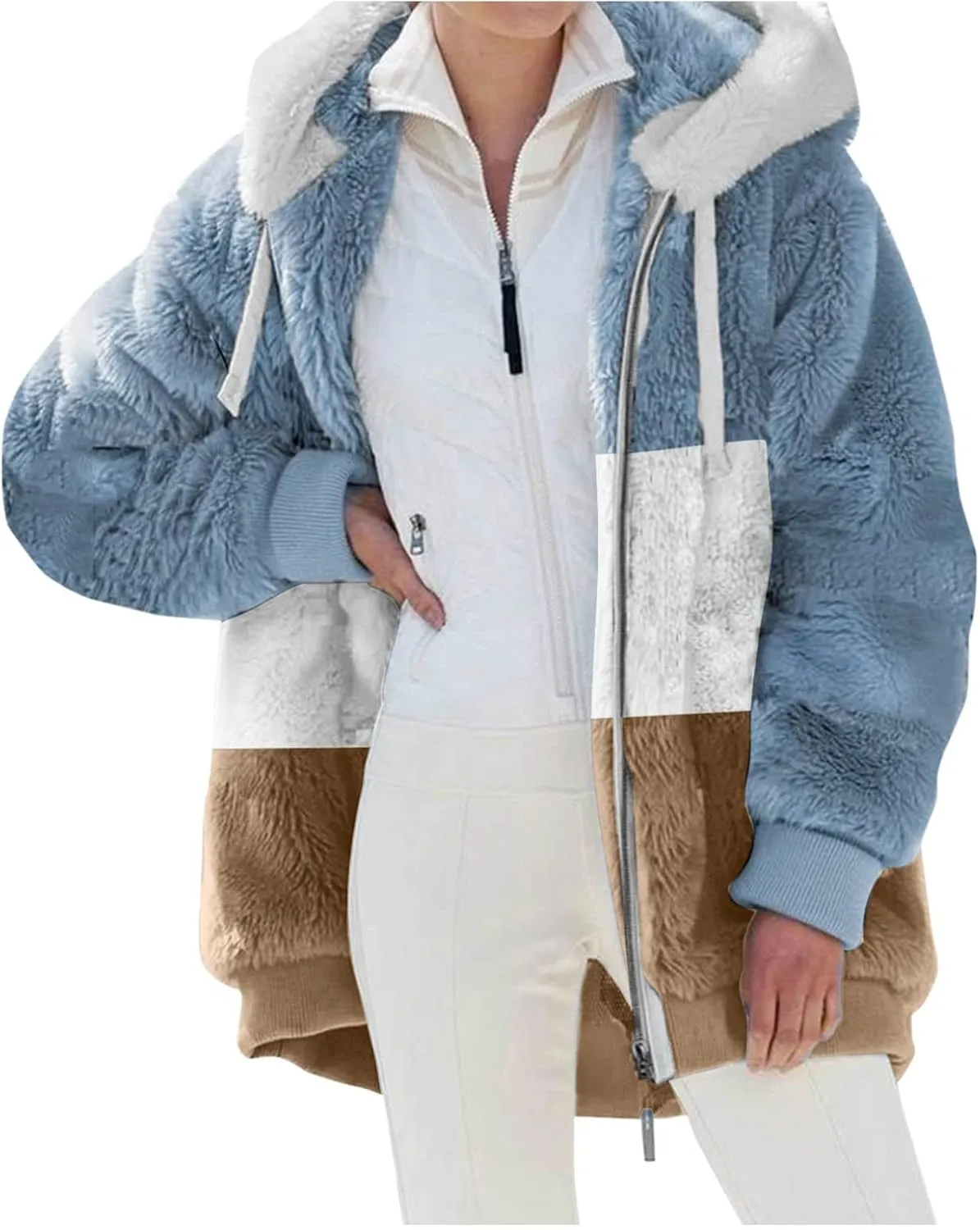 LCMTWX Womens Winter Fuzzy Fleece Jacket Color Artificial Wool Zipper Drawstring Long-Sleeved Hoodie Sweater Coats for De