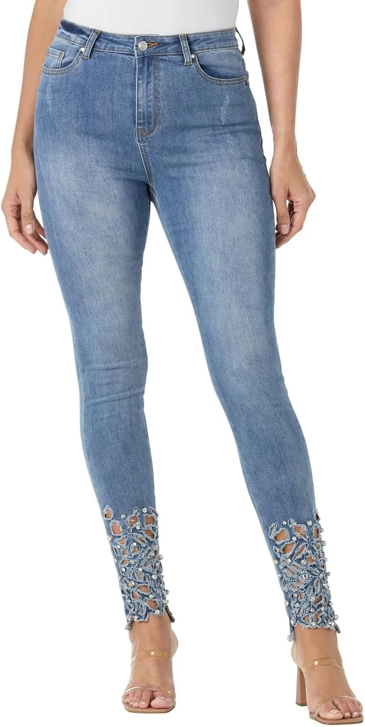 Masseys Women's Rhinestone Cutout Skinny Jeans