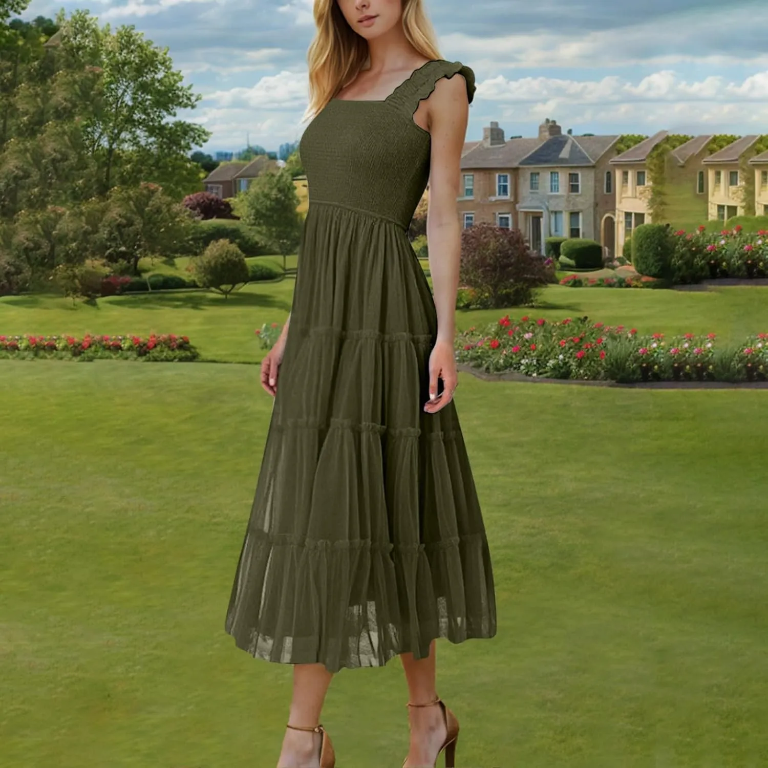 Maxi Tulle Sundress for Women Sleeveless Smocked Tiered Boho Dresses High Waisted Ruffle Strap Flowy Long Dress