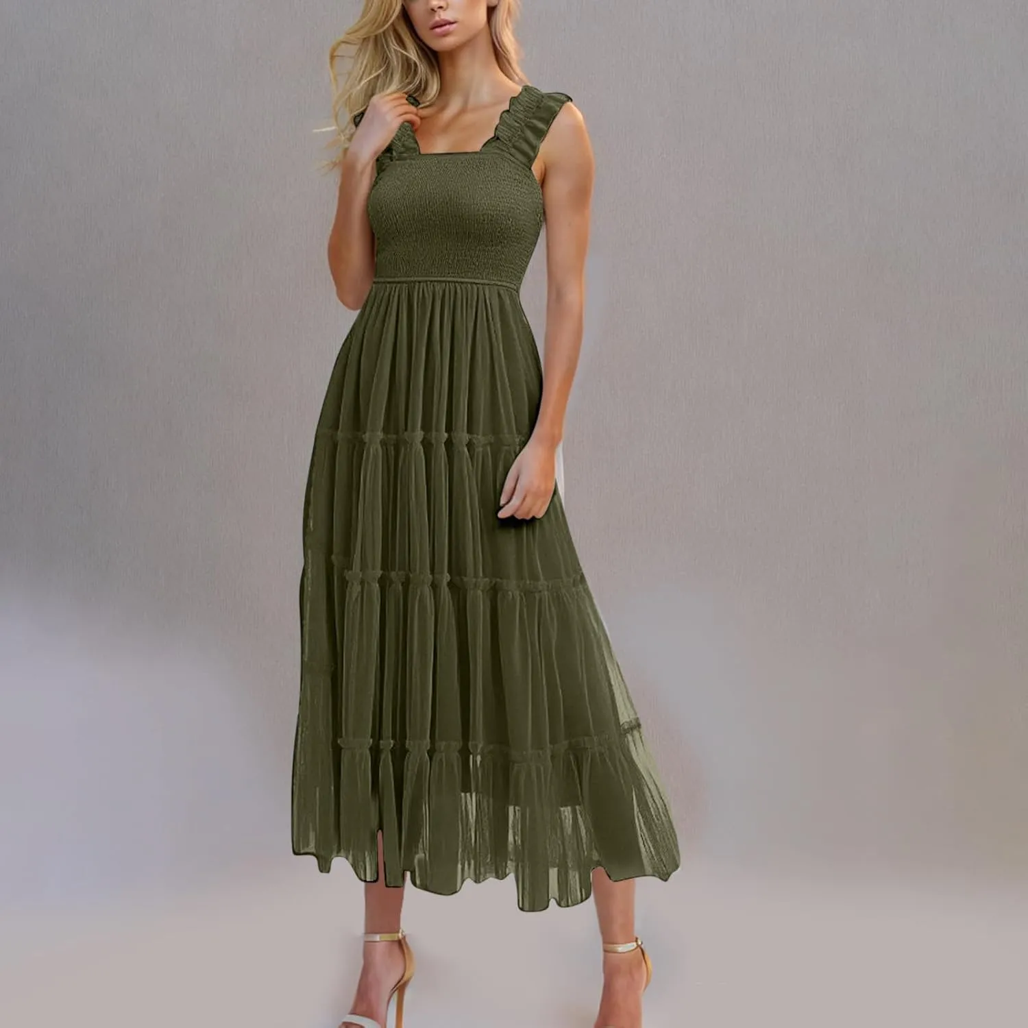 Maxi Tulle Sundress for Women Sleeveless Smocked Tiered Boho Dresses High Waisted Ruffle Strap Flowy Long Dress
