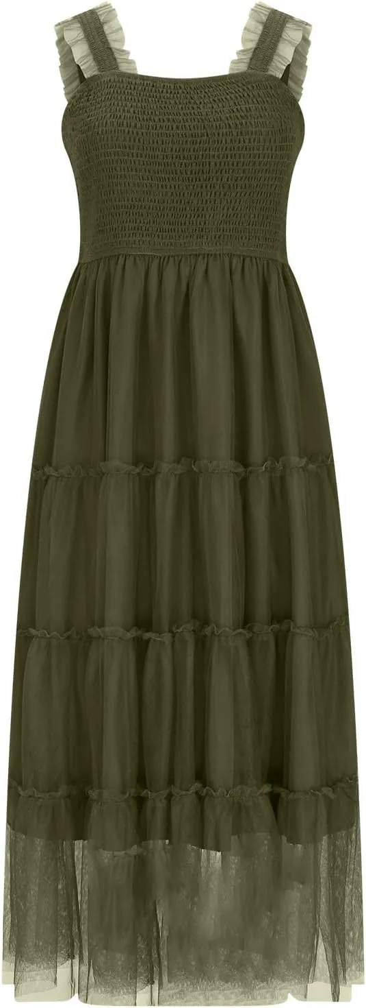 Maxi Tulle Sundress for Women Sleeveless Smocked Tiered Boho Dresses High Waisted Ruffle Strap Flowy Long Dress