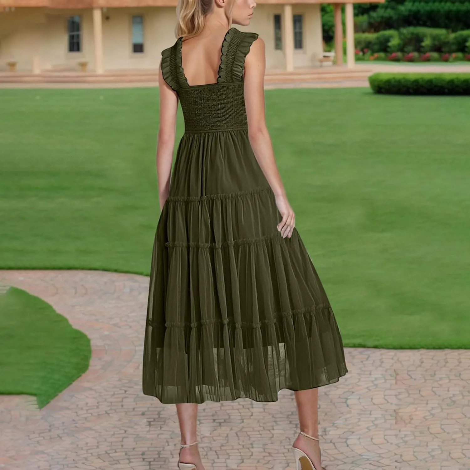 Maxi Tulle Sundress for Women Sleeveless Smocked Tiered Boho Dresses High Waisted Ruffle Strap Flowy Long Dress