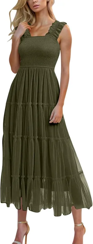 Maxi Tulle Sundress for Women Sleeveless Smocked Tiered Boho Dresses High Waisted Ruffle Strap Flowy Long Dress