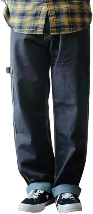 Men's Jeans Big Wide Pants Cotton Relaxed-Fit Carpenter Jean Denim Pants Hip Hop Blue