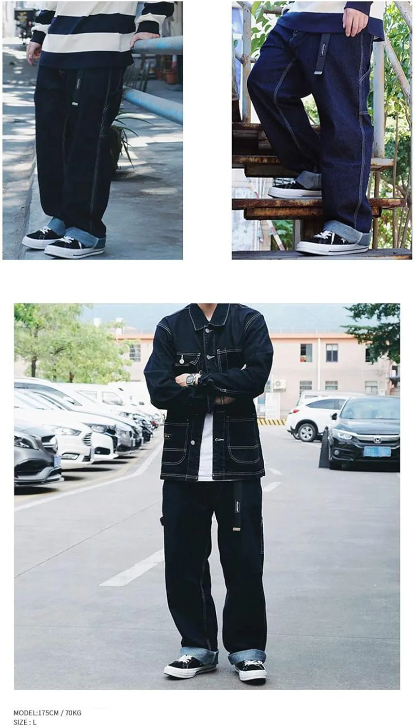 Men's Jeans Big Wide Pants Cotton Relaxed-Fit Carpenter Jean Denim Pants Hip Hop Blue