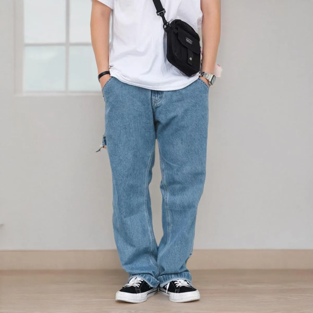 Men's Jeans Big Wide Pants Cotton Relaxed-Fit Carpenter Jean Denim Pants Hip Hop Blue