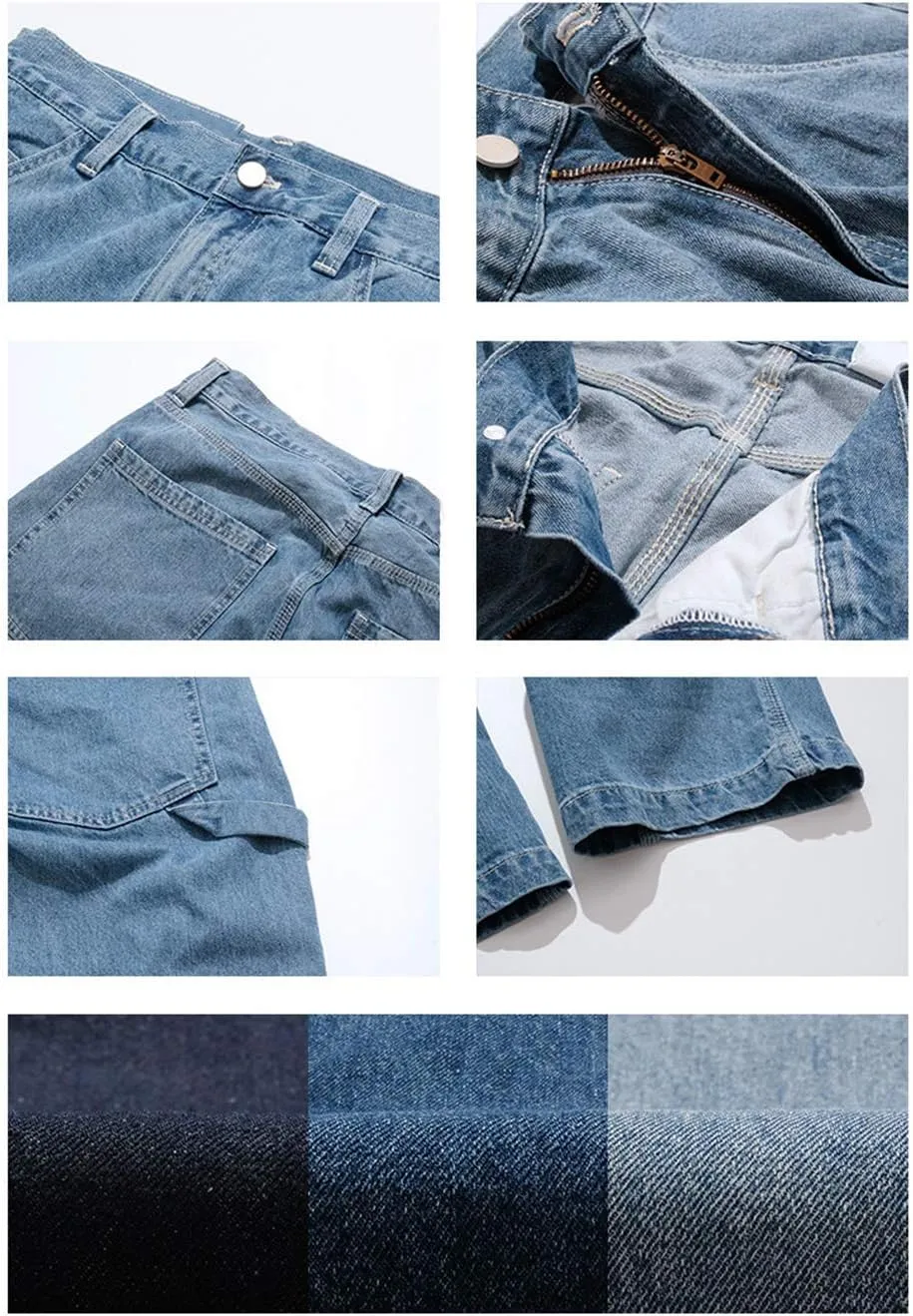 Men's Jeans Big Wide Pants Cotton Relaxed-Fit Carpenter Jean Denim Pants Hip Hop Blue
