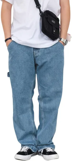 Men's Jeans Big Wide Pants Cotton Relaxed-Fit Carpenter Jean Denim Pants Hip Hop Blue