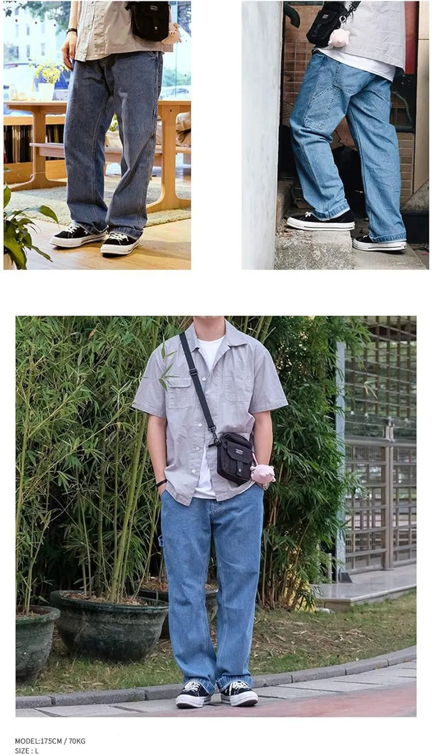 Men's Jeans Big Wide Pants Cotton Relaxed-Fit Carpenter Jean Denim Pants Hip Hop Blue