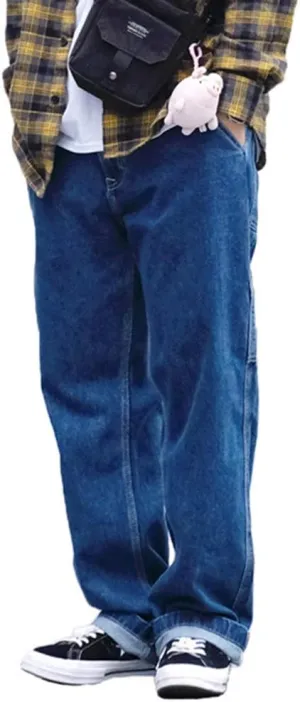 Men's Jeans Big Wide Pants Cotton Relaxed-Fit Carpenter Jean Denim Pants Hip Hop Blue