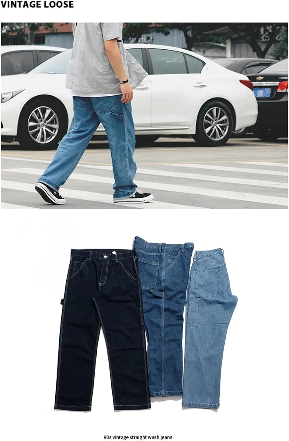 Men's Jeans Big Wide Pants Cotton Relaxed-Fit Carpenter Jean Denim Pants Hip Hop Blue