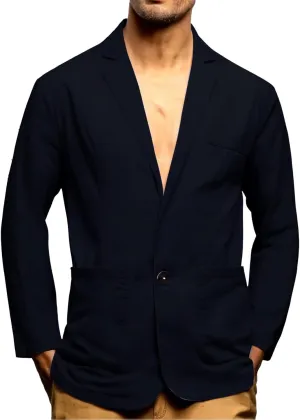 Men's Linen Cotton Casual Suits Blazer Jackets One Button Big and Tall Solid Lightweight Work Business Sports Coats